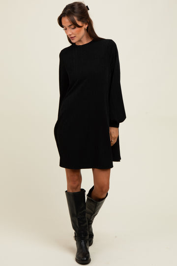 Black Ribbed Mock Neck Bubble Sleeve Dress