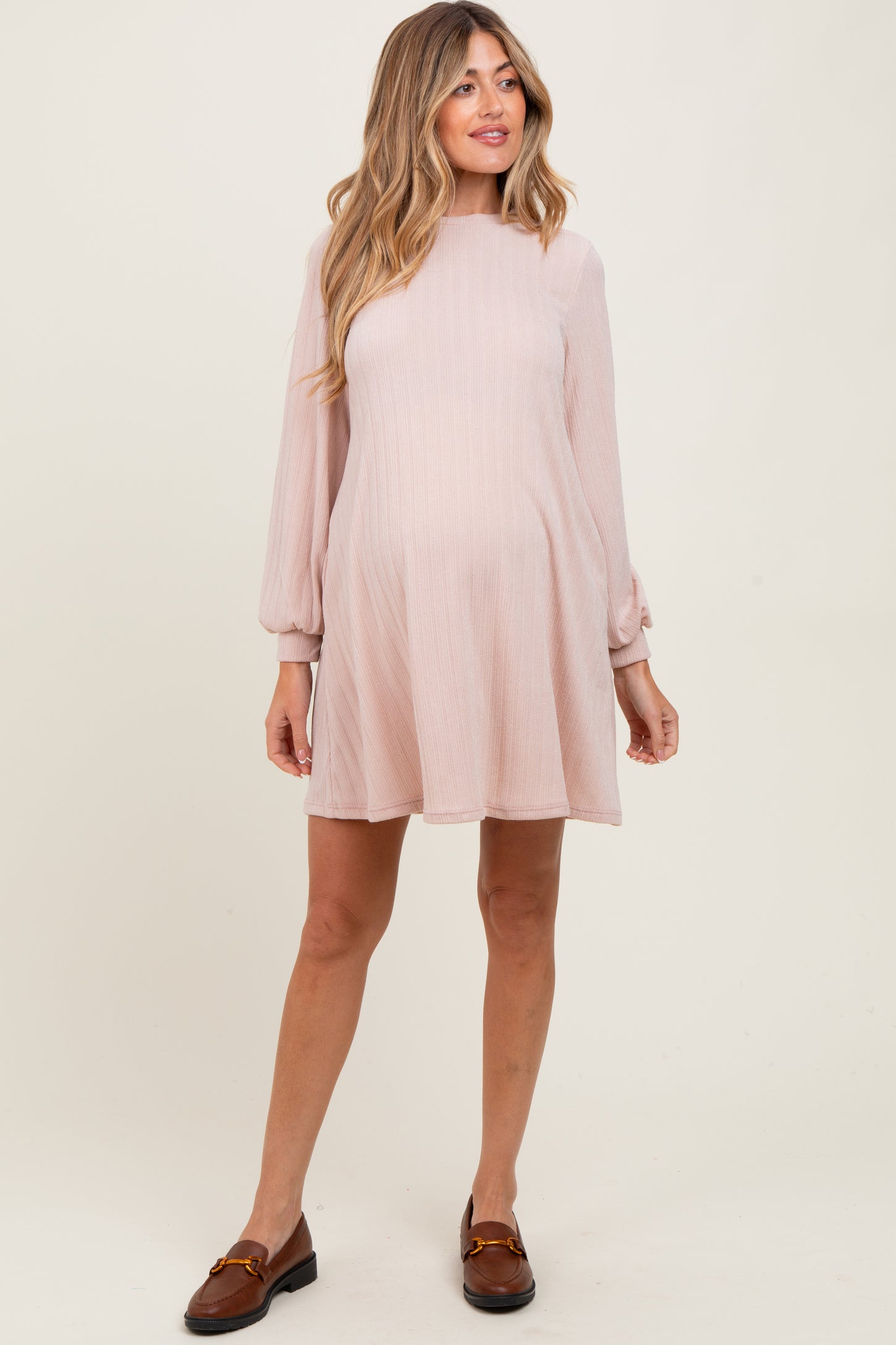 Light Pink Ribbed Mock Neck Bubble Sleeve Maternity Dress