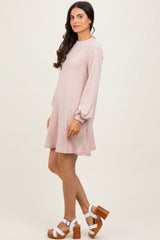 Light Pink Ribbed Mock Neck Bubble Sleeve Dress