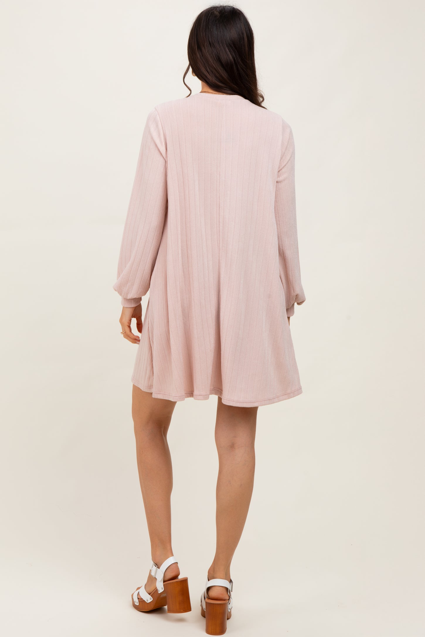 Light Pink Ribbed Mock Neck Bubble Sleeve Dress