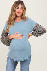 Light Blue Floral Ribbed Colorblock Maternity Long Sleeve