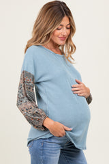 Light Blue Floral Ribbed Colorblock Maternity Long Sleeve