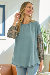 Light Blue Floral Ribbed Colorblock Long Sleeve