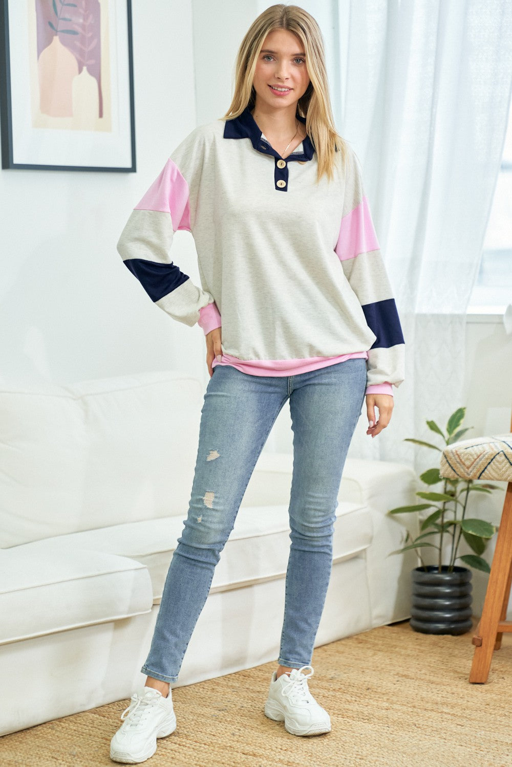 Navy Colorblock Collared Pullover