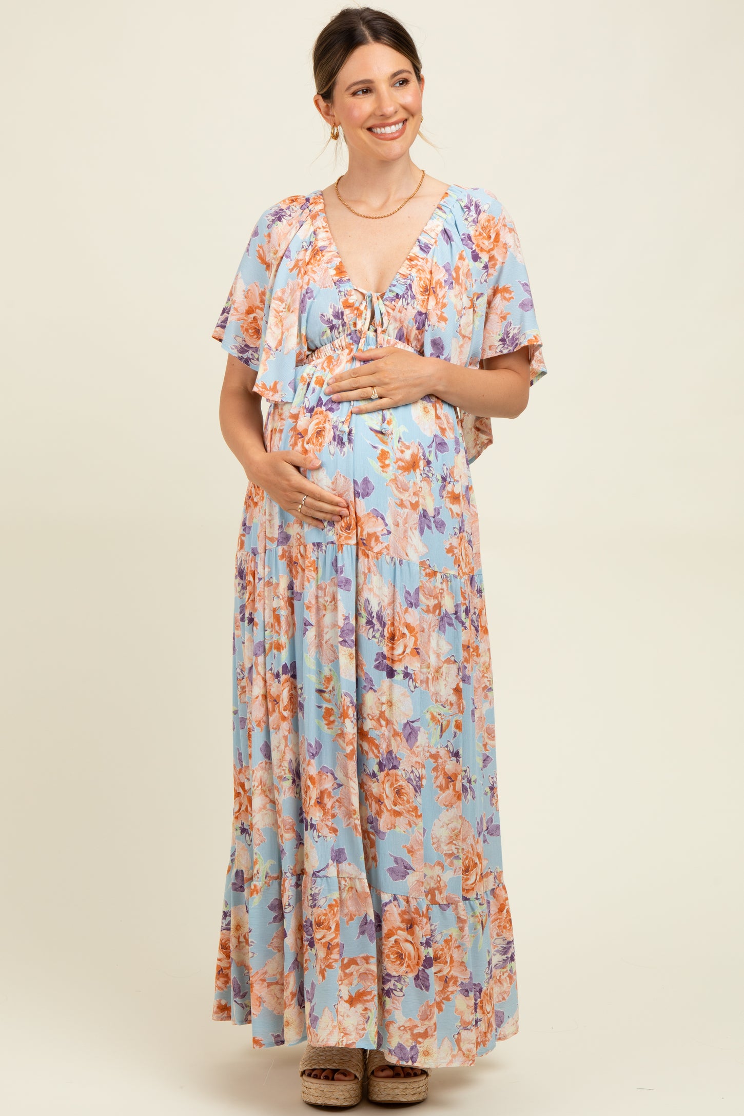 Light Blue Floral Flyway Sleeve V-Neck Tiered Maternity Maxi Dress