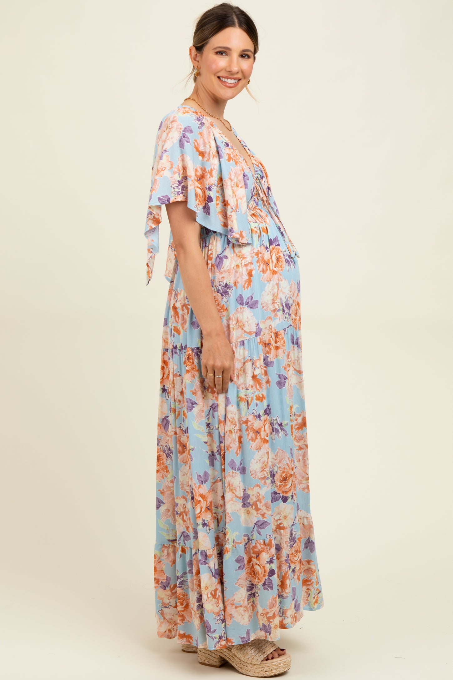 Light Blue Floral Flyway Sleeve V-Neck Tiered Maternity Maxi Dress