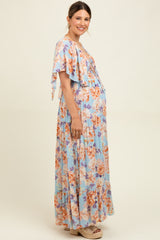 Light Blue Floral Flyway Sleeve V-Neck Tiered Maternity Maxi Dress