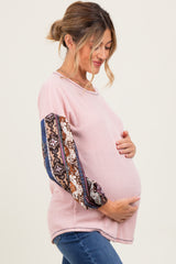 Light Pink Floral Ribbed Knit Colorblock Maternity Long Sleeve Top