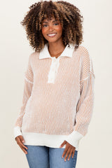 Camel Two Tone Stripe Textured Henley Neck Maternity Sweater Top