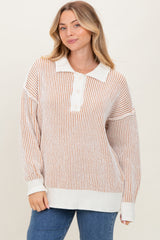 Camel Two Tone Stripe Textured Henley Neck Maternity Sweater Top