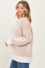 Camel Two Tone Stripe Textured Henley Neck Sweater Top