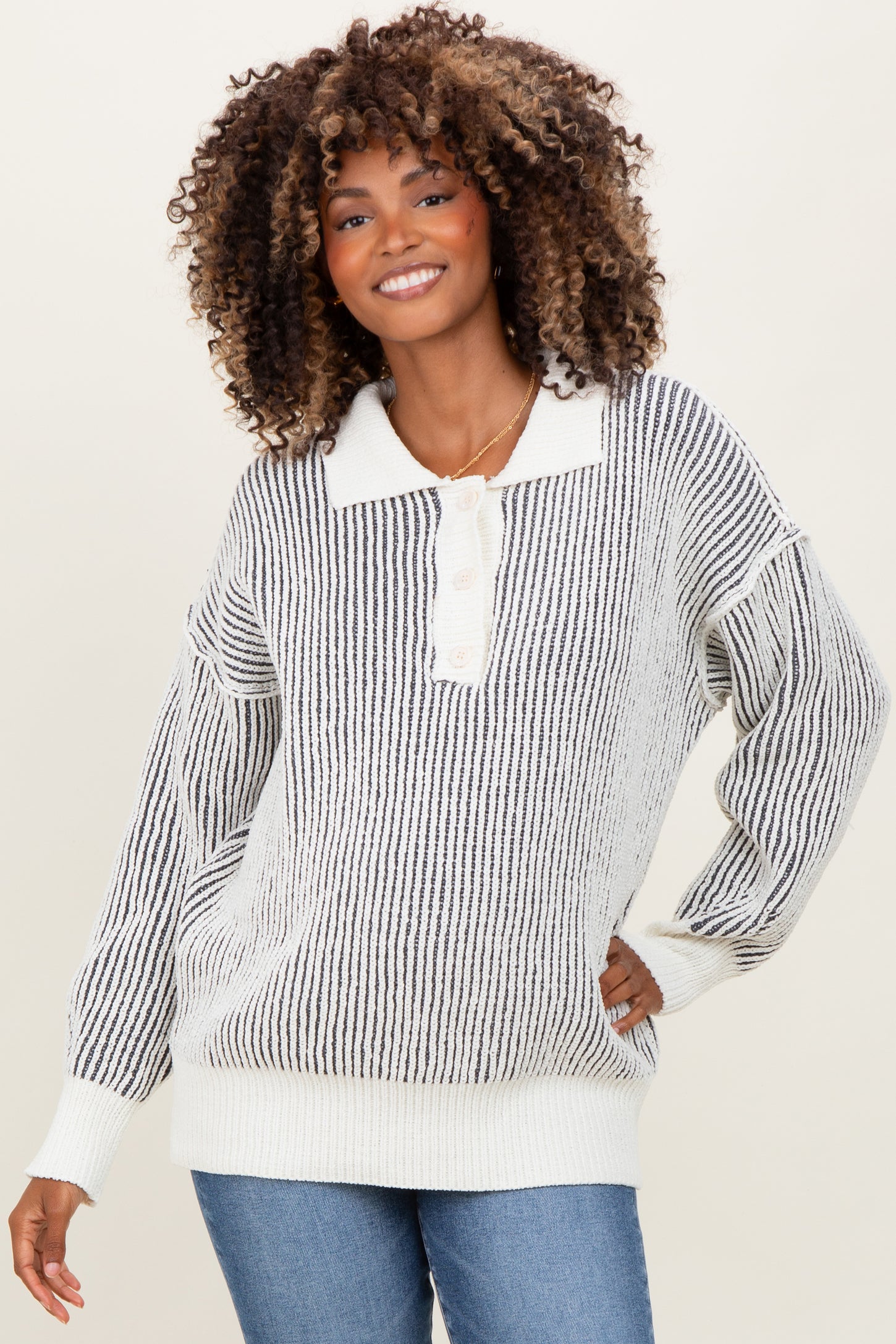 Charcoal Two Tone Stripe Textured Henley Neck Maternity Sweater Top