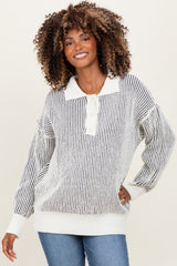 Charcoal Two Tone Stripe Textured Henley Neck Maternity Sweater Top