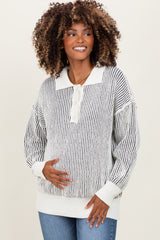 Charcoal Two Tone Stripe Textured Henley Neck Maternity Sweater Top