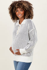 Charcoal Two Tone Stripe Textured Henley Neck Maternity Sweater Top