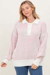 Light Pink Two Tone Stripe Textured Henley Neck Sweater Top