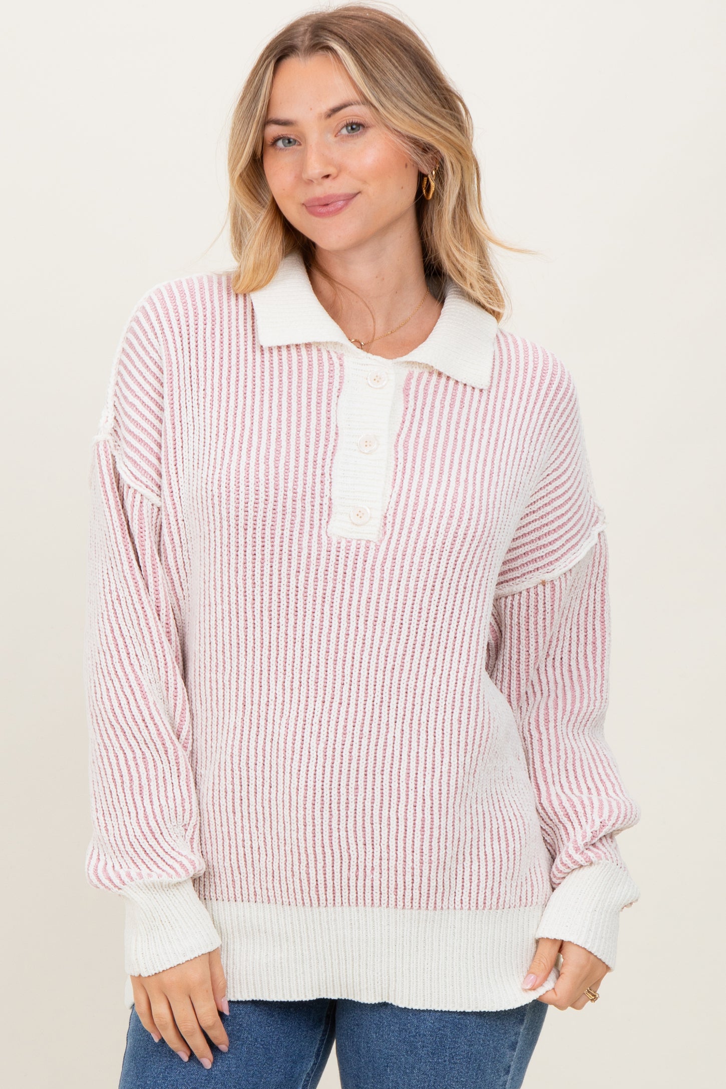 Light Pink Two Tone Stripe Textured Henley Neck Sweater Top