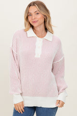 Light Pink Two Tone Stripe Textured Henley Neck Sweater Top