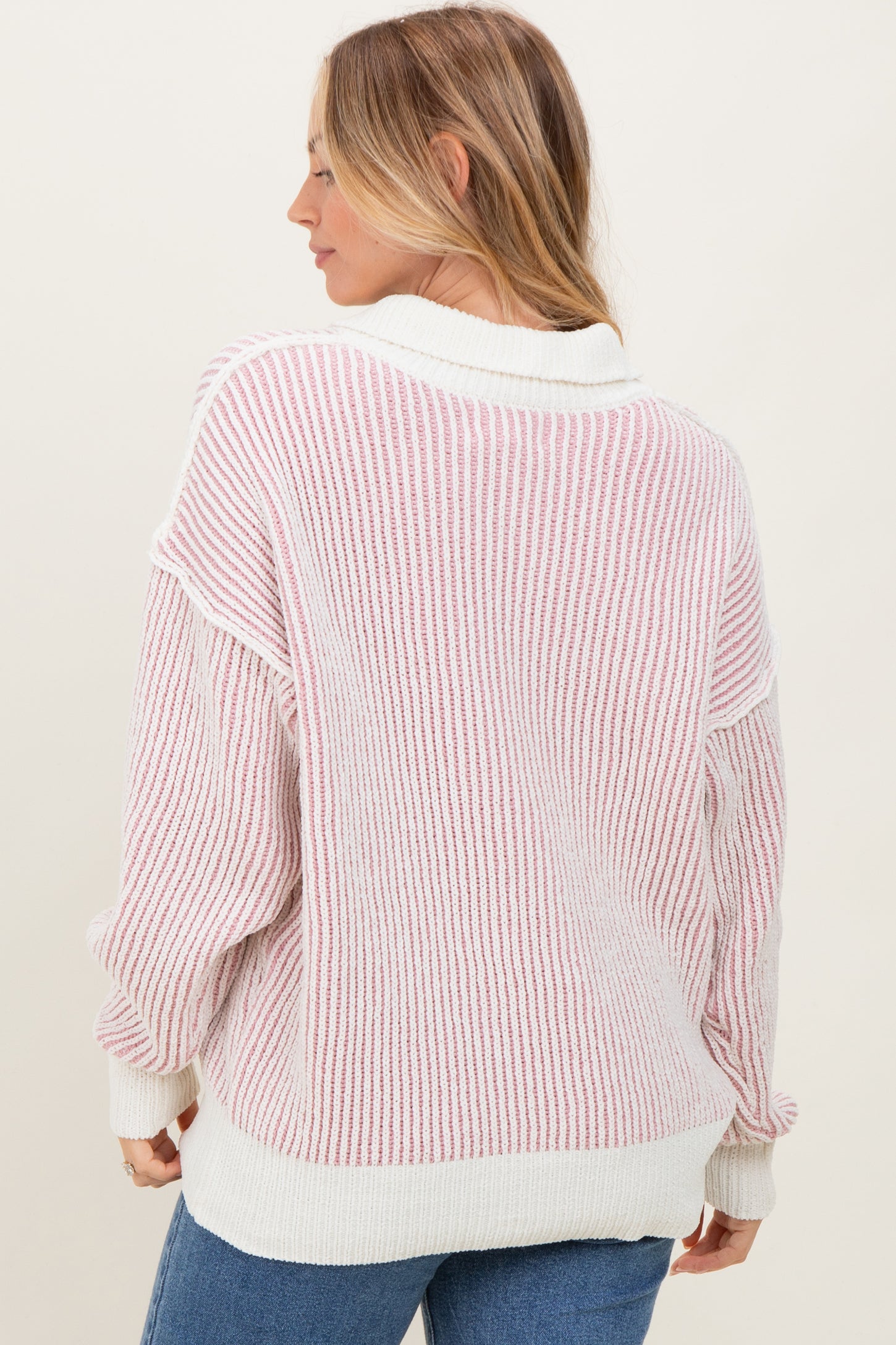 Light Pink Two Tone Stripe Textured Henley Neck Sweater Top