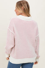 Light Pink Two Tone Stripe Textured Henley Neck Sweater Top