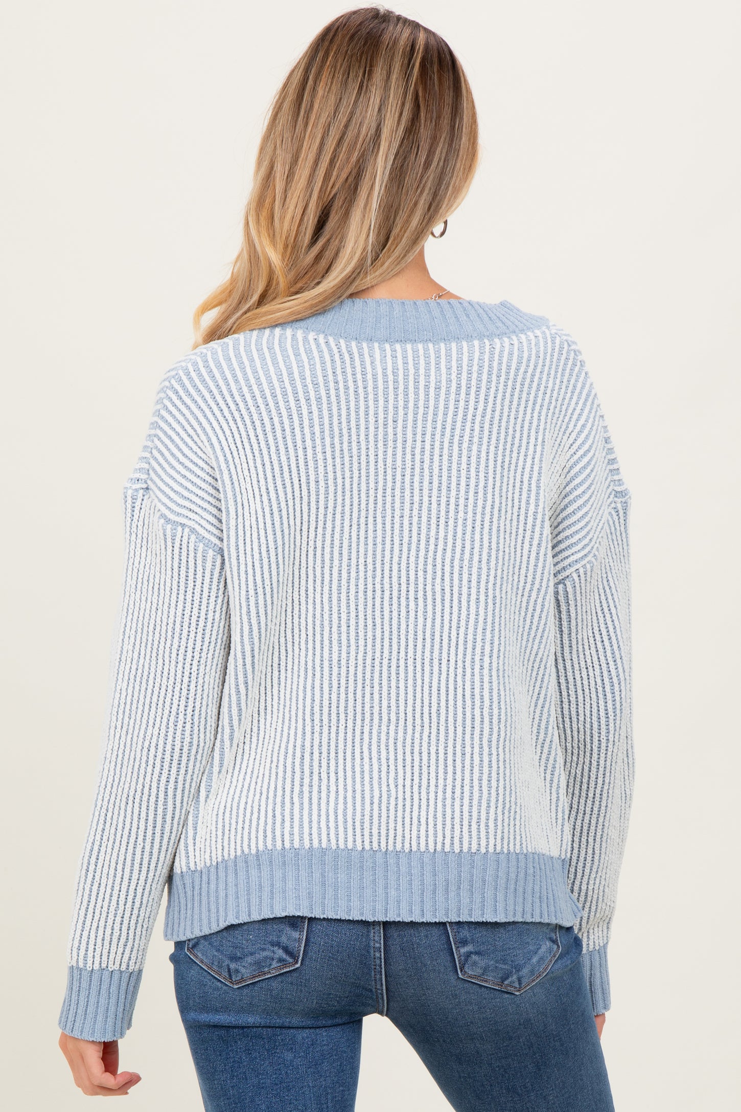 Blue Two Tone Ribbed V-Neck Chenille Maternity Sweater