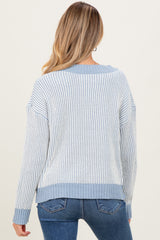 Blue Two Tone Ribbed V-Neck Chenille Maternity Sweater