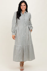 Green Striped Collared Button Down Waist Tie Maternity Maxi Dress