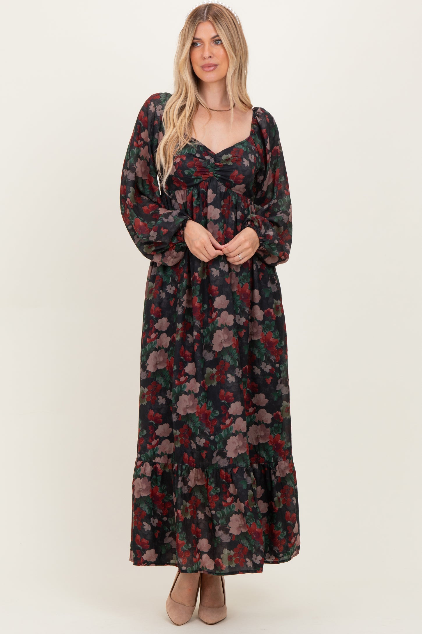 Black Floral Long Balloon Sleeve Sweetheart Neck Maxi Dress