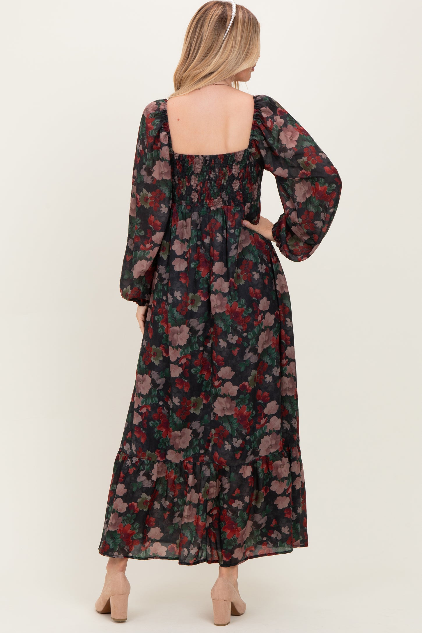 Black Floral Long Balloon Sleeve Sweetheart Neck Maxi Dress