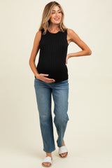 Black Textured Rib Ruffle Detail Maternity Tank Top