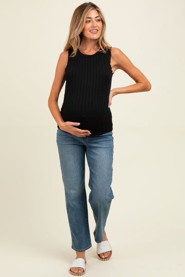 Black Textured Rib Ruffle Detail Maternity Tank Top