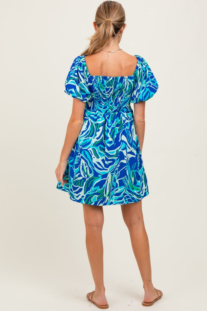 Blue Printed Twisted Front Maternity Mini Dress