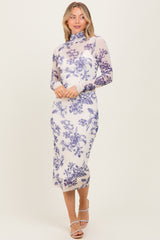Ivory Floral Mesh Mock Neck Long Sleeve Midi Dress