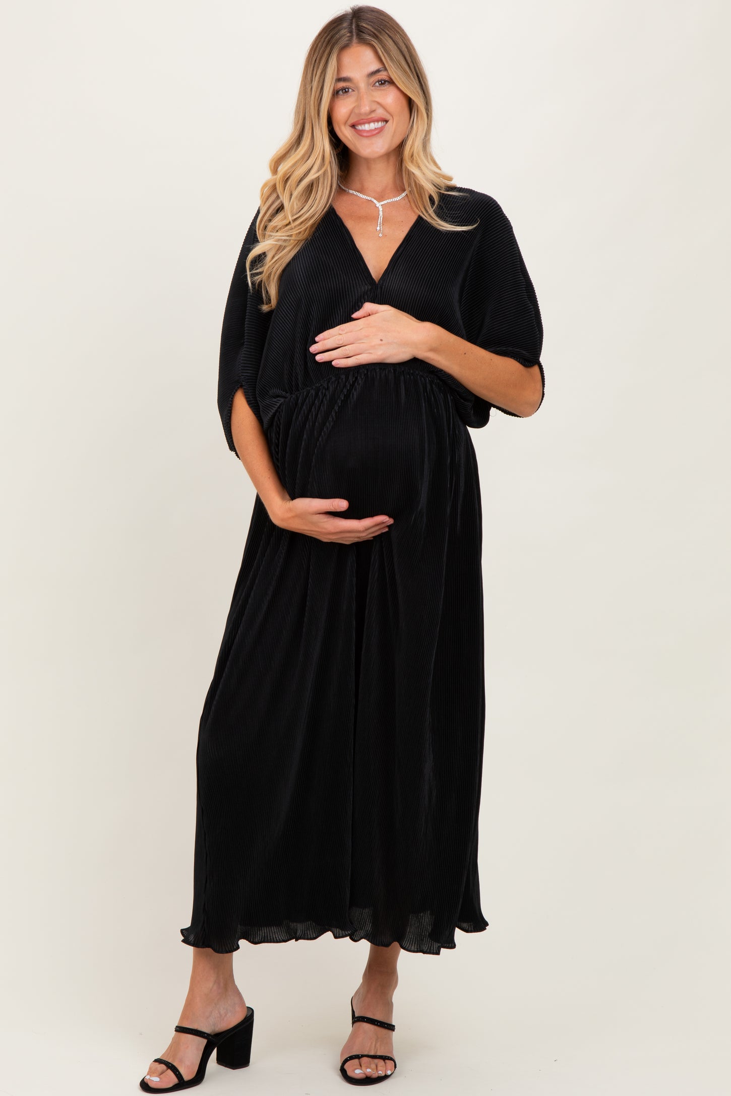 Black Pleated Satin Dolman Sleeve Maternity Maxi Dress
