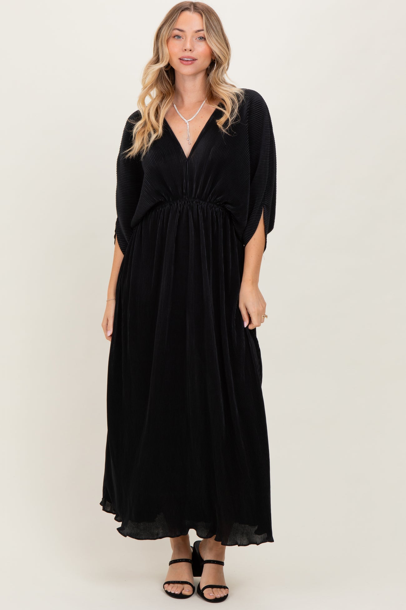 Black Pleated Satin Dolman Sleeve Maternity Maxi Dress