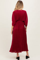 Burgundy Pleated Satin Dolman Sleeve Maternity Maxi Dress