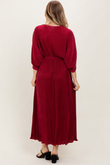 Burgundy Pleated Satin Dolman Sleeve Maxi Dress