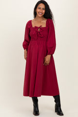 Burgundy Bow Detail Smocked Maternity Midi Dress
