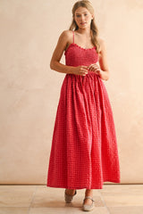 Red Gingham Smocked Ruffle Accent Maxi Dress