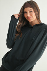 Navy Button Up Hooded Long Sleeve Top