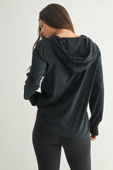 Navy Button Up Hooded Long Sleeve Top