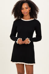 Black Ribbed Knit Contrast Ruffle Trim Mini Dress