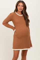 Camel Ribbed Knit Contrast Ruffle Trim Maternity Mini Dress