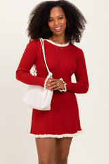 Red Ribbed Knit Contrast Ruffle Trim Mini Dress