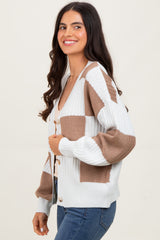 Mocha Checkered Rib Bubble Sleeve Button Cardigan