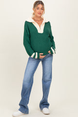 Forest Green Colorblock Chunky Knit Half Zip Maternity Sweater