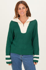 Forest Green Colorblock Chunky Knit Half Zip Sweater
