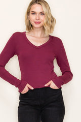 Burgundy Fine Rib V-Neck Long Sleeve Top