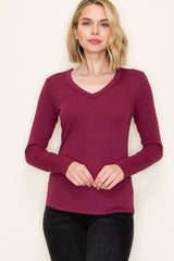 Burgundy Fine Rib V-Neck Long Sleeve Top