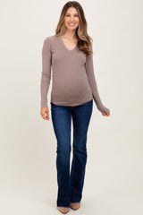 Mocha Fine Rib V-Neck Maternity Long Sleeve Top